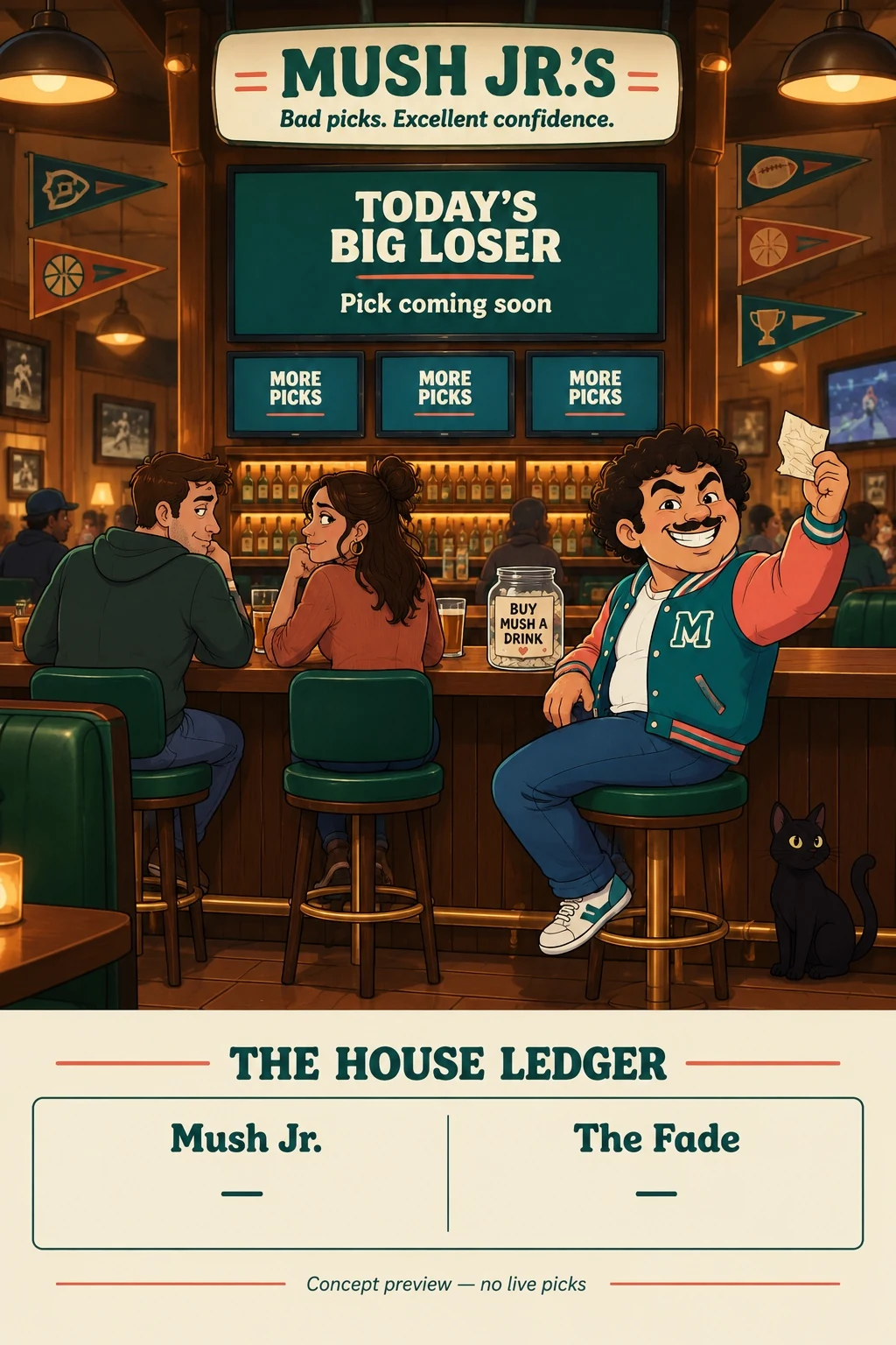 Mush Jr. raises a pick slip from his usual stool in a cartoon sports bar, beside a tip jar and black cat. The Big Loser board is behind him.